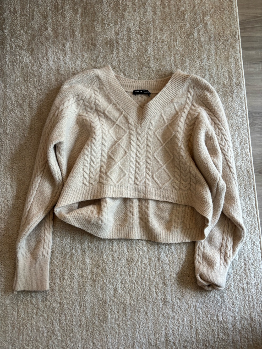 SHEIN Cream Cable Knit V-Neck Cropped Sweater